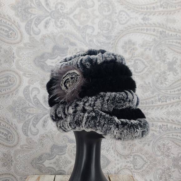 Russian Winter Rex Rabbit fur brimmed peaked hat black/gray Mob Wife Luxury - Picture 4 of 8